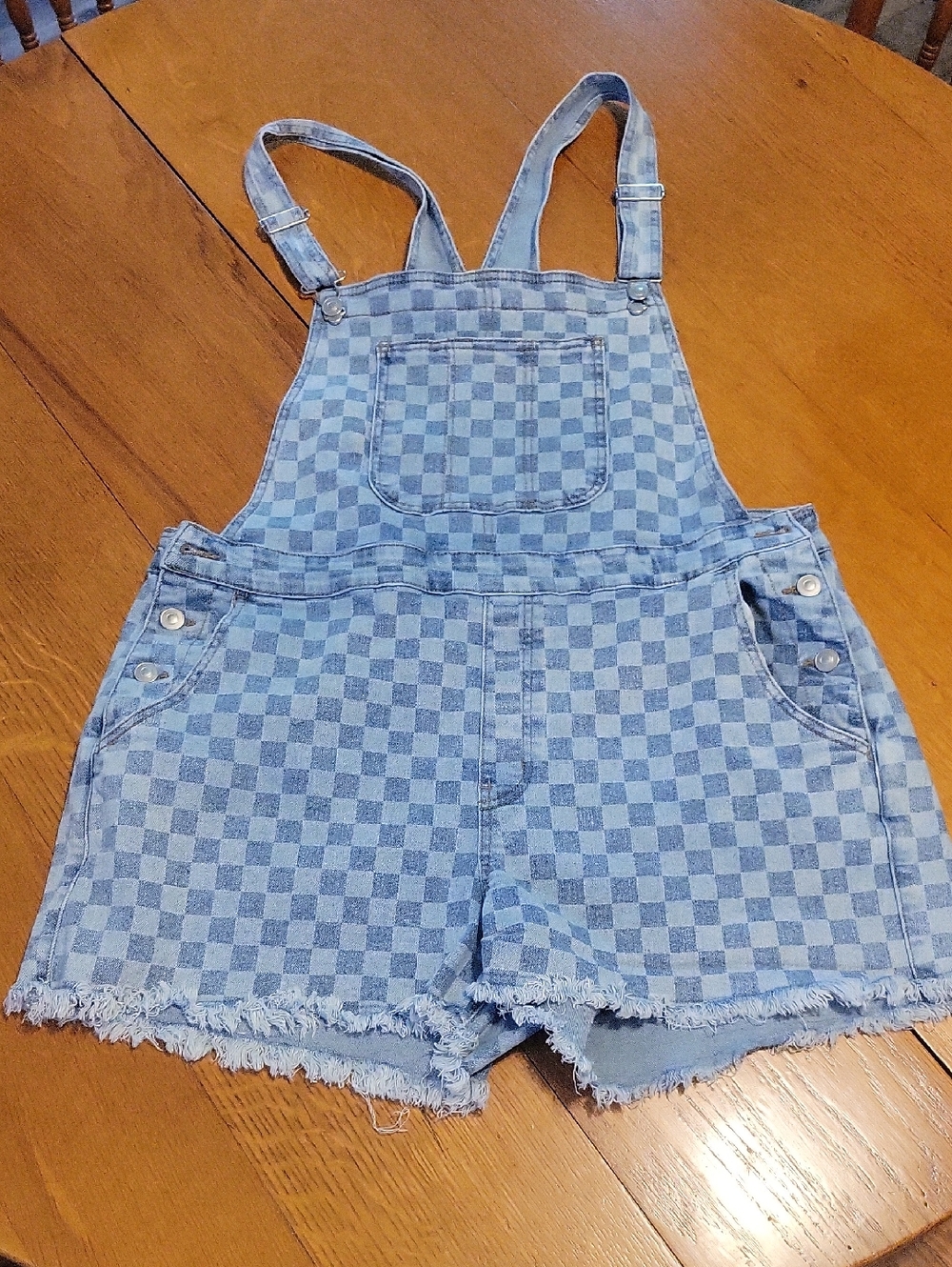 No Boundaries Light Blue Checked Denim Short Overalls